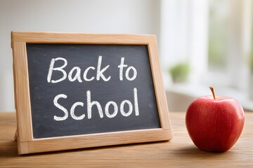 A wooden chalkboard displays the phrase 'Back to School' in white chalk. A red apple sits beside the board on a wooden table. Natural light enters from a window.