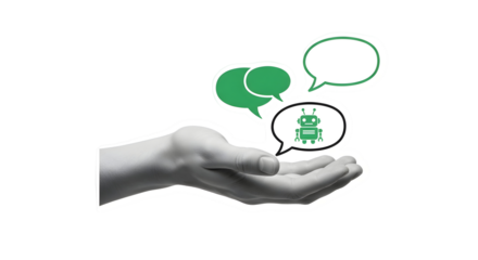 Innovative AI chatbot concept presented in a supportive hand with dialogue bubbles symbolizing communication and future technology, perfect for tech presentations and digital solutions.