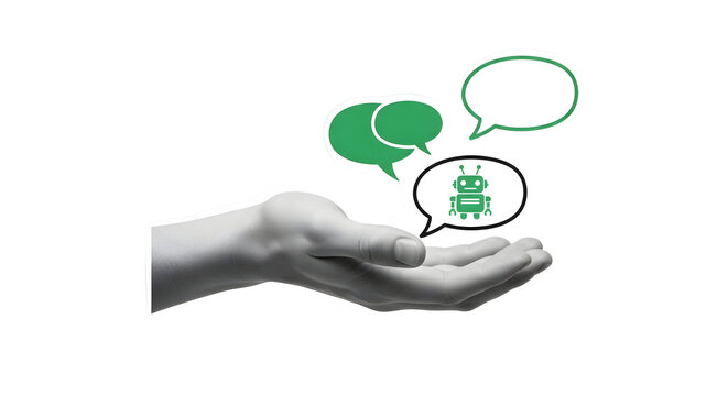 Innovative AI chatbot concept presented in a supportive hand with dialogue bubbles symbolizing communication and future technology, perfect for tech presentations and digital solutions. - Powered by Adobe