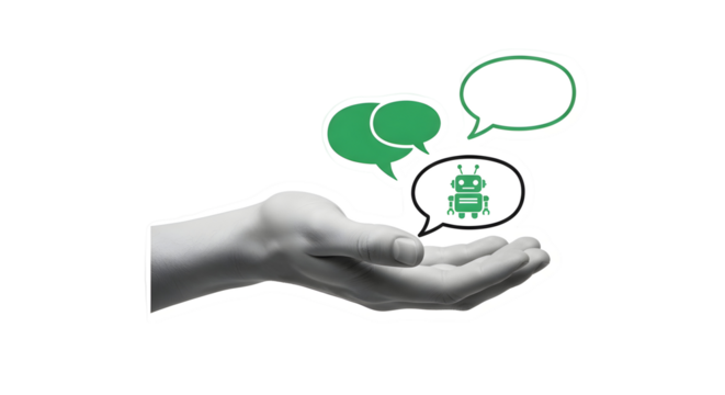 Innovative AI chatbot concept presented in a supportive hand with dialogue bubbles symbolizing communication and future technology, perfect for tech presentations and digital solutions.