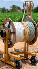 Colorful industrial cables on a spool with an iron frame in a field under a bright sky beside a yellow platform on black wheels