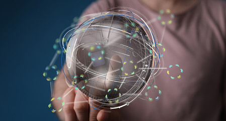 Person interacts with a digital globe, showcasing futuristic technology and global networking.