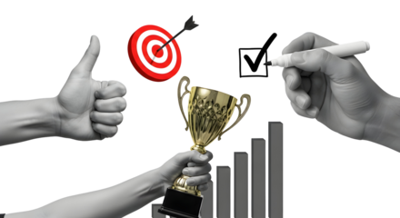Achieve success with winning trophies, hitting targets, and positive feedback, all while planning your business growth with a marker and chart elements.