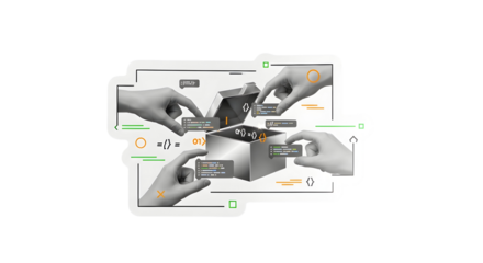 Team collaborates on innovative coding project, assembling digital solutions from an open box, symbolizing breakthrough technology and creative problem-solving for future development.