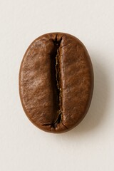 A single, perfectly roasted coffee bean is isolated on a clean, light background, highlighting its rich brown color and detailed texture.
