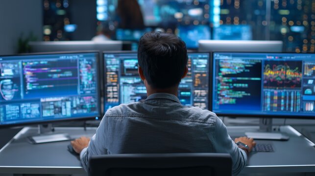 Male IT specialist administrator working in a data center control room, analyzing big data, AI algorithm, cybersecurity threat on multiple monitor for advanced web service, machine learning task.