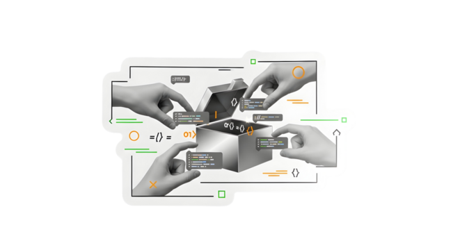 Team collaborates on innovative coding project, assembling digital solutions from an open box, symbolizing breakthrough technology and creative problem-solving for future development.