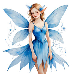 watercolor fairy in blue dress with wings png transparent image