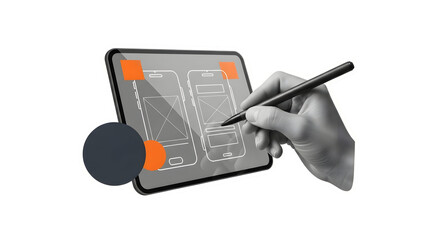 Professional designer's hand sketching mobile app interface wireframes on a tablet, showcasing creative process and digital product development for modern technology.