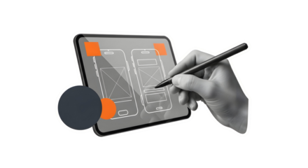 Professional designer's hand sketching mobile app interface wireframes on a tablet, showcasing creative process and digital product development for modern technology.