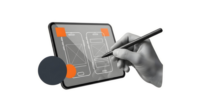 Professional designer's hand sketching mobile app interface wireframes on a tablet, showcasing creative process and digital product development for modern technology.