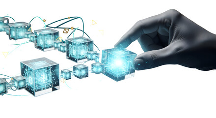 Intelligent hand connecting glowing digital cubes in a futuristic network, symbolizing data flow and technological advancement for modern business solutions.