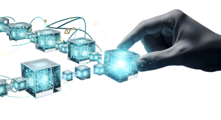 Intelligent hand connecting glowing digital cubes in a futuristic network, symbolizing data flow and technological advancement for modern business solutions.
