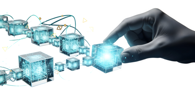 Intelligent hand connecting glowing digital cubes in a futuristic network, symbolizing data flow and technological advancement for modern business solutions. - Powered by Adobe