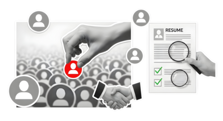 Expertly selecting top talent for your team, meticulously reviewing resumes with magnifying glass for perfect candidate match and successful hiring handshake