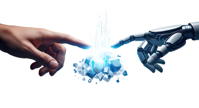 Ai, Human and robot fingertips connect to a glowing digital cloud, symbolizing AI and technology integration for future innovation and data transfer.