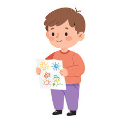 Fototapeta premium Young boy holding crumpled drawing of sun and flower designs 