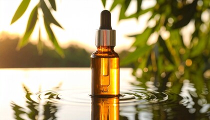Fototapeta premium A golden dropper bottle of essential oil stands in rippling water, surrounded by lush green leaves and warm sunlight, evoking natural wellness and serene luxury.