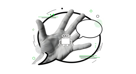 AI chatbot concept with a robot icon and speech bubble on an open hand, symbolizing communication and technology integration in a modern, dynamic design with abstract elements.