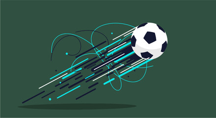 A minimalist vector background of a soccer ball in mid-air. Dynamic, abstract lines radiate from the ball, conveying a strong sense of action, speed, and motion.