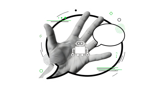 AI chatbot concept with a robot icon and speech bubble on an open hand, symbolizing communication and technology integration in a modern, dynamic design with abstract elements.