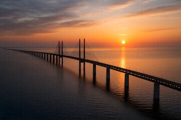 Obraz premium oresund Bridge sunset aerial view, long cable-stayed bridge connecting Denmark and Sweden over calm water, scenic travel destination, engineering marvel, iconic European transport infrastructure with 