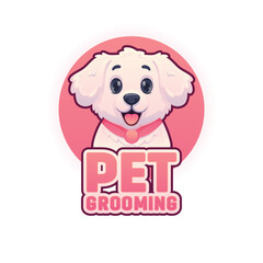 Adorable pet grooming logo featuring a fluffy white dog with big eyes and a pink collar. Ideal for pet salons, veterinary clinics, dog grooming businesses, and animal care branding