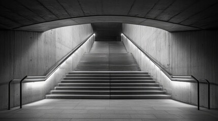 Fototapeta premium Minimalist Black and White Staircase with Futuristic Lighting in Concrete Tunnel