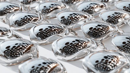 Close-up of many reflective glasses,  a repeating pattern of  transparent frames with dark, textured inner lenses,  showing  mirror-like reflections,  on a light background