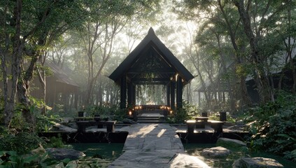 Obraz premium A serene, dark-wood pavilion in a lush tropical forest