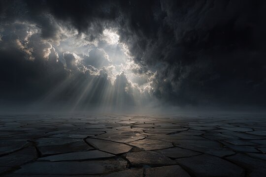 Dramatic low-angle view of a cracked, dark earth surface with a break in ominous storm clouds revealing bright sunbeams - Powered by Adobe