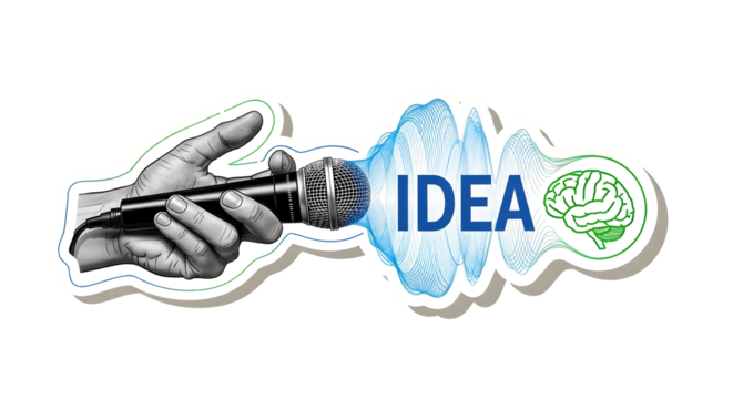 Capturing brilliant ideas through powerful communication, transforming thoughts into tangible concepts with a microphone and brain imagery, sparking innovation and creativity