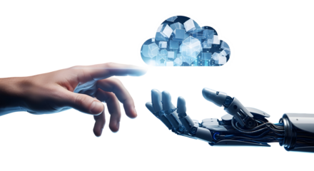 Human touch meets robotic precision reaching for a luminous digital cloud filled with interconnected data cubes, symbolizing future technology integration and innovation