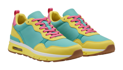 Colorful athletic sneakers with pink laces and yellow accents on a white. Cut out PNG