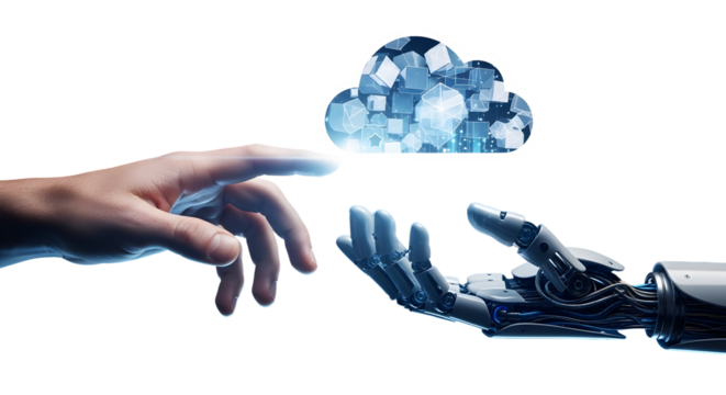 Human touch meets robotic precision reaching for a luminous digital cloud filled with interconnected data cubes, symbolizing future technology integration and innovation