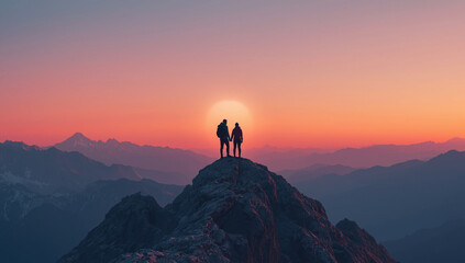 Fototapeta premium A couple stands silhouetted on a mountain peak, watching a vibrant sunrise over distant ranges.