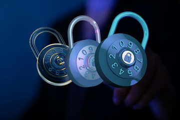 High-quality image of three combination locks, symbolizing data security and protection.