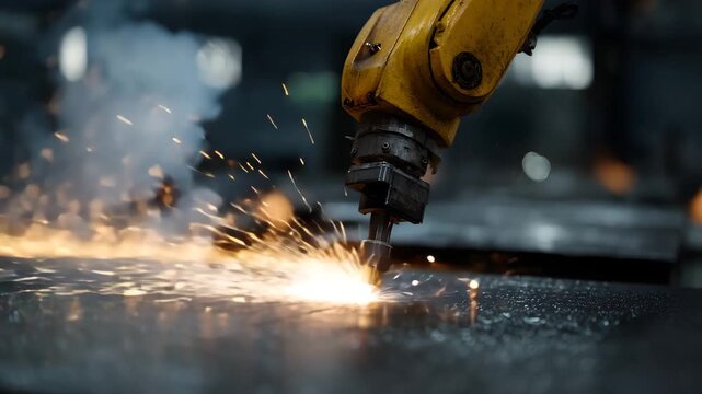 Industrial robotic arm using precision laser cutter on metal surface