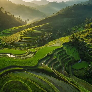 Aerial View of Lush Green Rice Fields in Malaysia at Sunrise
