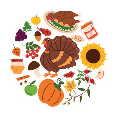 Thanksgiving elements in a round frame. This design is perfect for fall