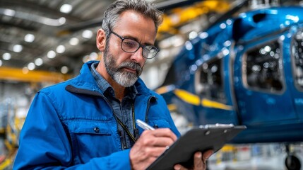 Senior aerospace engineer reviewing aircraft model in modern workshop technical environment male specialist at work
