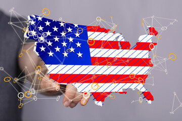 Image of a US map overlaid with a network, symbolizing connectivity and the American flag.