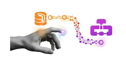 Intuitive hand interacting with dynamic data flow connecting database and network nodes, symbolizing digital transformation and technological advancement.