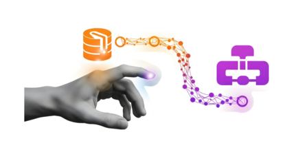 Intuitive hand interacting with dynamic data flow connecting database and network nodes, symbolizing digital transformation and technological advancement.
