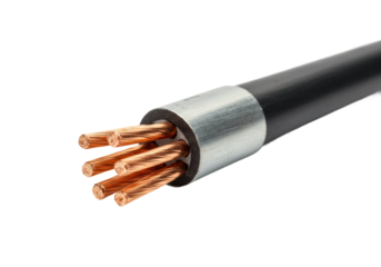 Copper conductors in black insulated electrical cable with aluminum shielding. Cut out PNG
