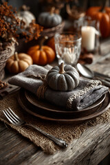 Thanksgiving decoration with cutlery and napkin on the wooden table, close up