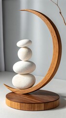 Serene Crescent Moon Stone Stacked Zen Decor Natural Wooden Base Tranquil Home Accent