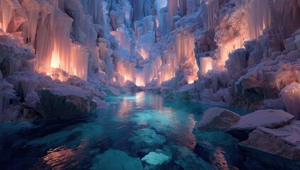 Ice cave with glowing icicles reflecting in a tranquil pool