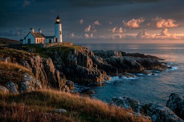 A lone lighthouse on the rugged coast guides ships at sunset, its powerful beacon cutting through the vibrant sky