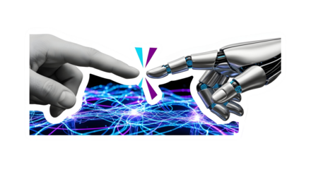 Human and robotic hands reaching out, symbolizing the powerful connection and future integration of artificial intelligence and technology, creating innovation and progress.